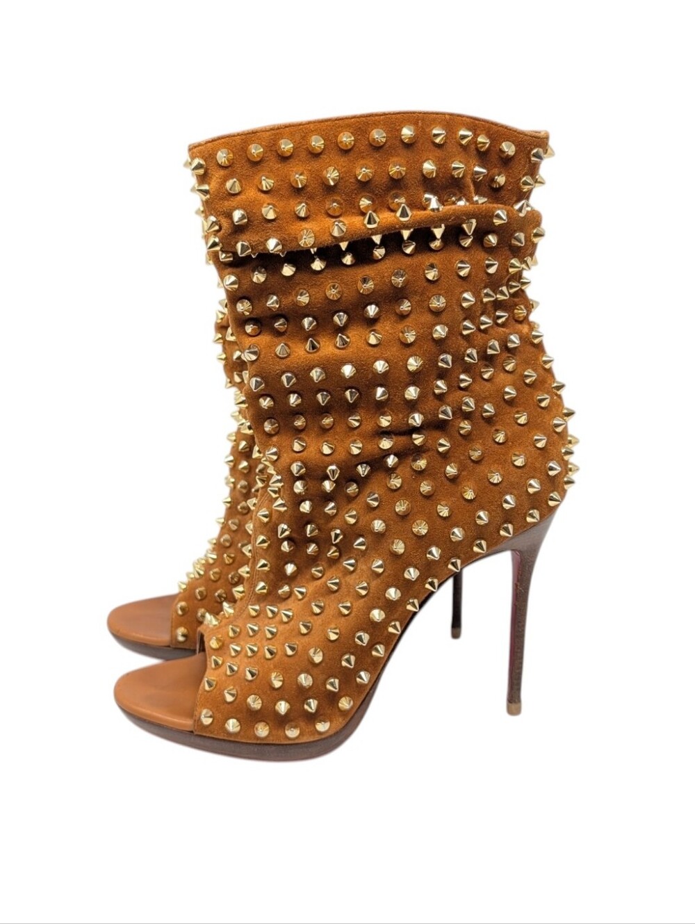 Christian Louboutin Guerilla 120 Suede Brown Spike Peep Toe Boot Size EU 38.5
